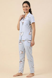 Zivame Farm Lore Knit Cotton Pyjama Set - Chambray Blue — thumbnail 3